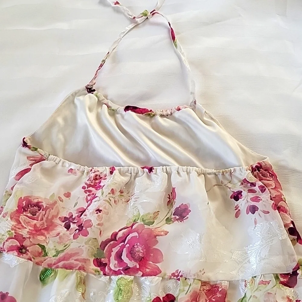 The Childrens Place Girls White Pink Rose Floral Tiered Halter Dress, Size: 14